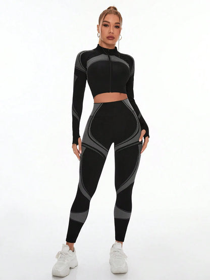 Women's Seamless Yoga Set Tummy Control High-Waist Leggings Long Sleeve Top Female Clothing Outdoor Women Sports Fitness Overall