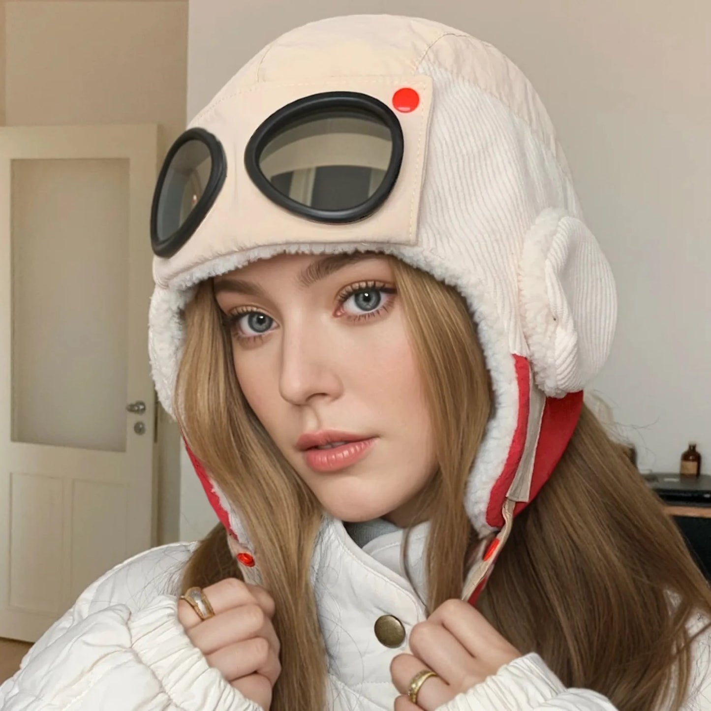 Neue Damen Warme Bombermützen mit Brille Plüsch Fell Wintermütze mit Ohrenklappen Winter Dandy Cap für Frauen