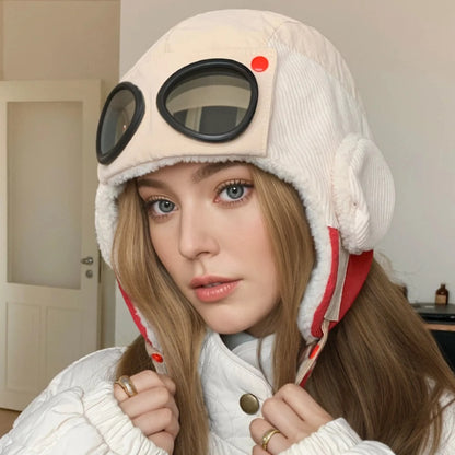 Neue Damen Warme Bombermützen mit Brille Plüsch Fell Wintermütze mit Ohrenklappen Winter Dandy Cap für Frauen