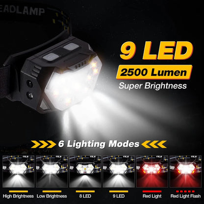 9 LED Stirnlampe mit starkem Licht, USB wiederaufladbar, Bewegungssensor, tragbare Angel-Camping-Outdoor-Kopflampe, Arbeits-Taschenlampe