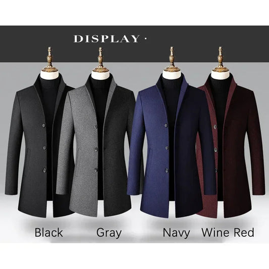 Four men's coats in black, gray, navy, and wine red on mannequins with a gray background.