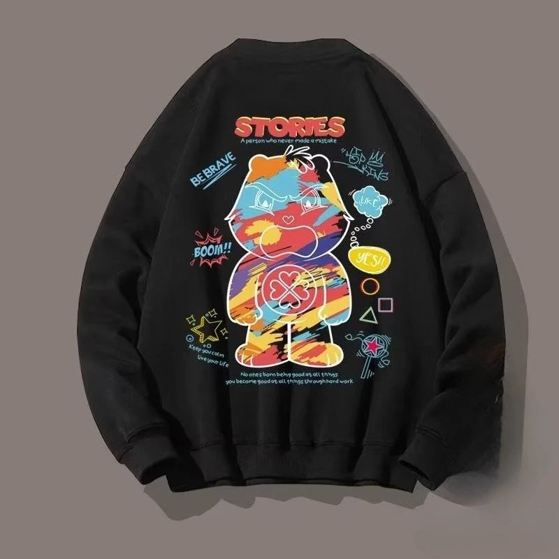 M-8XL Men Oversized Sweatshirt Fashion Loose American Style Trendy Color Graffiti Bear Print Long Sleeve Couple Clothes