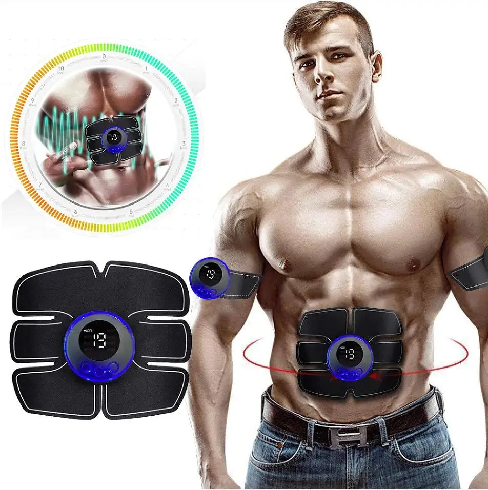 Man wearing an abdominal muscle trainer with digital display on a white background