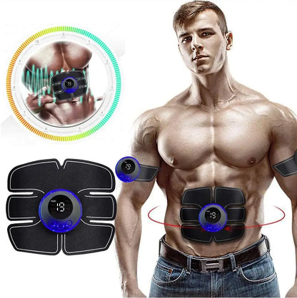 Man wearing an abdominal muscle trainer with digital display on a white background