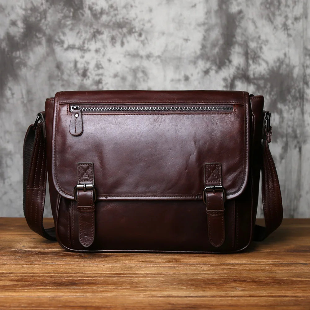 NZPJ Men's Retro Genuine Leather Shoulder Bag Top Layer Cowhide Large Capacity Slant Cross Business Casual Versatile Tablet Bag