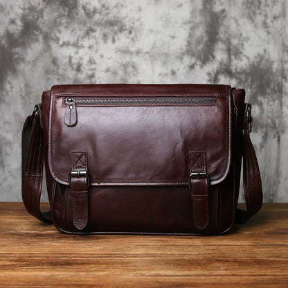NZPJ Men's Retro Genuine Leather Shoulder Bag Top Layer Cowhide Large Capacity Slant Cross Business Casual Versatile Tablet Bag