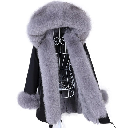 MAOMAOKONG 2023 Abnehmbarer Echtfuchs Pelzkragen Mäntel Damen Winterjacke Kapuze Kaninchenfellfutter Lange Parkas Damenbekleidung
