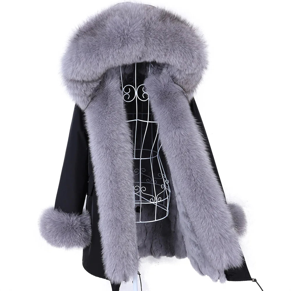 MAOMAOKONG 2023 Abnehmbarer Echtfuchs Pelzkragen Mäntel Damen Winterjacke Kapuze Kaninchenfellfutter Lange Parkas Damenbekleidung