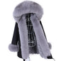 MAOMAOKONG 2023 Abnehmbarer Echtfuchs Pelzkragen Mäntel Damen Winterjacke Kapuze Kaninchenfellfutter Lange Parkas Damenbekleidung