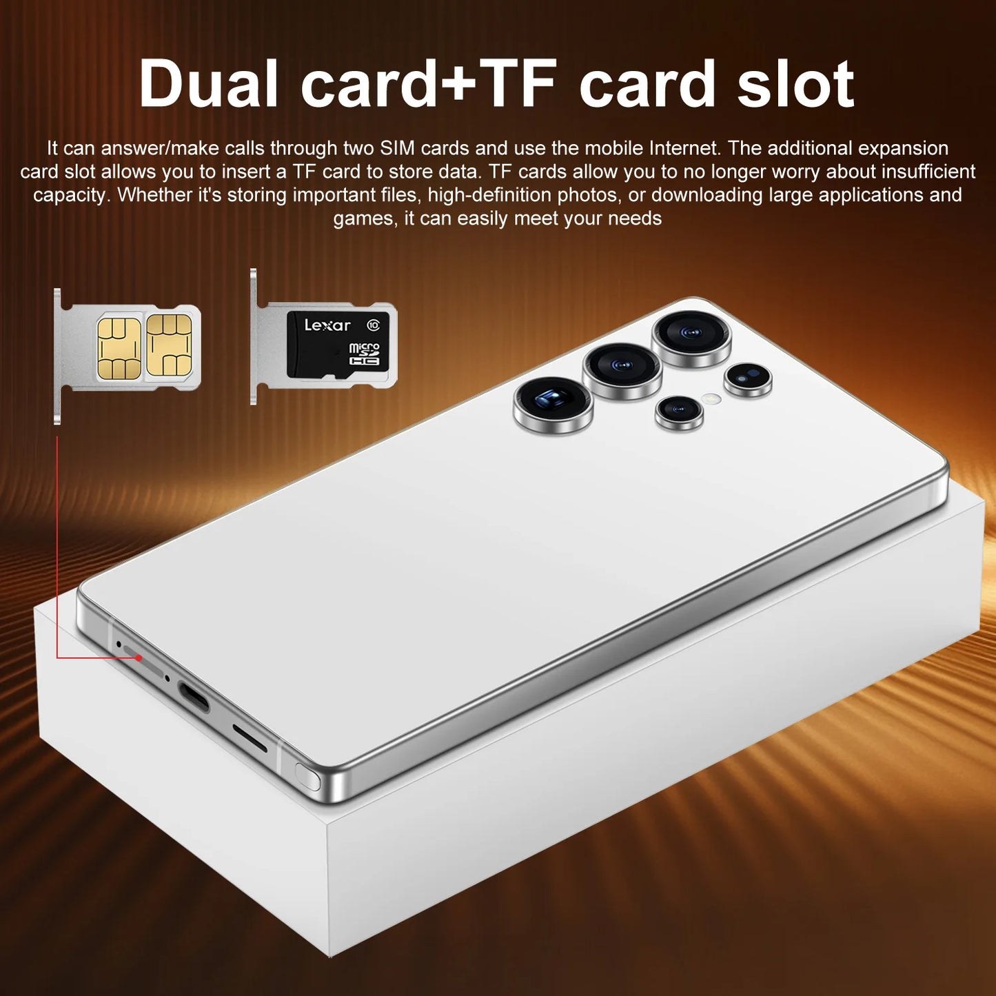 White smartphone with dual SIM card and TF card slots on a brown background