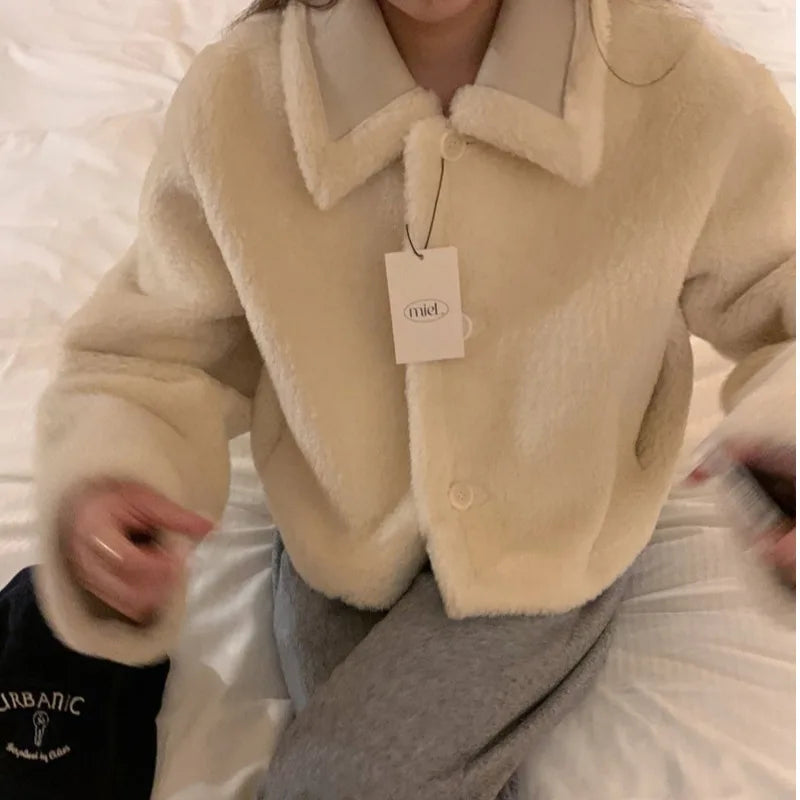 Lamb Velvet ort Puffer Jaet Women's Faion Korean Sle Inteated Fur Coat Warm Stand Fit Tee Button Closure