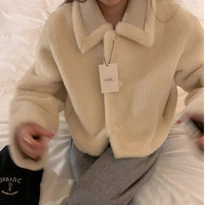 Lamb Velvet ort Puffer Jaet Women's Faion Korean Sle Inteated Fur Coat Warm Stand Fit Tee Button Closure