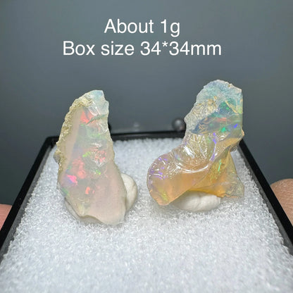 Two opal stones on a white cushion with text indicating weight and box size.