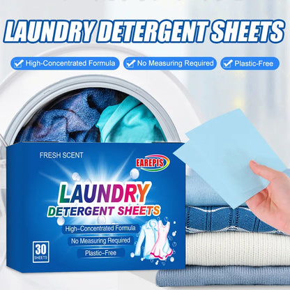 Carepis laundry detergent sheets packaging with a washing machine and clothes in the background