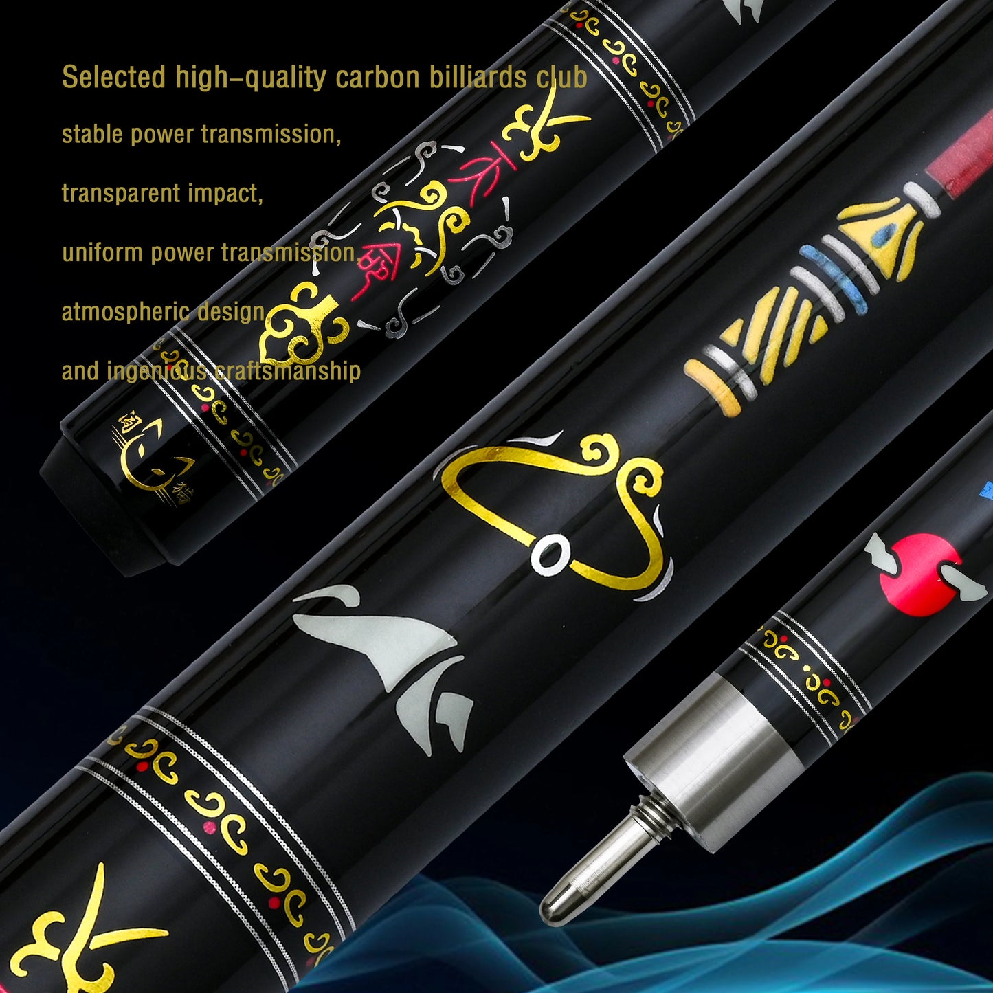 12.5mm Multi-Layer Tip Hard Maple Pool Cue with Gold Stamped Patterns - 58.66 Inch Stainless Steel Quick-Release Joint