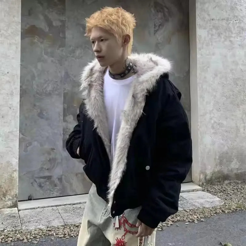 Winter Warm Clothing Men Women Retro Simple Plush Coat Sportswear New Loose Hooded Cotton Jacket Punk Fur Collar Jacket Couple