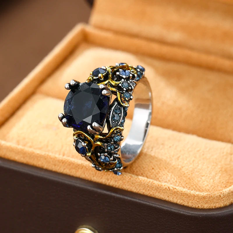 Retro and Trendy Blue Color Inlaid Zircon Leaf Women's Ring, Luxurious and Fashionable Banquet Party Accessories, Jewelry Gifts