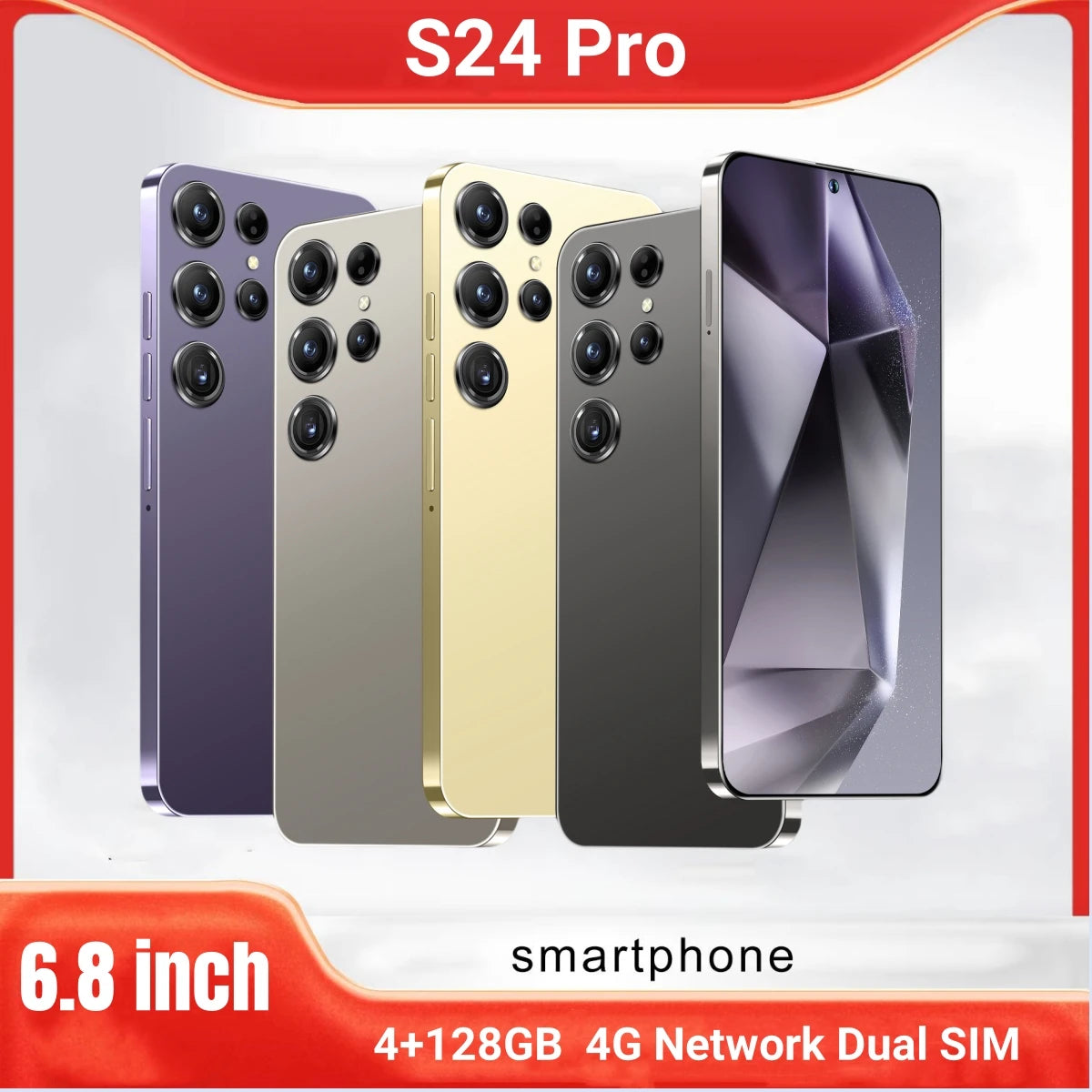 Smartphone S24 Pro in various colors with specifications on a white background