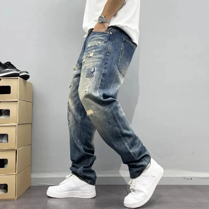 Men's Baggy Jeans – Distressed Patchwork Street Style