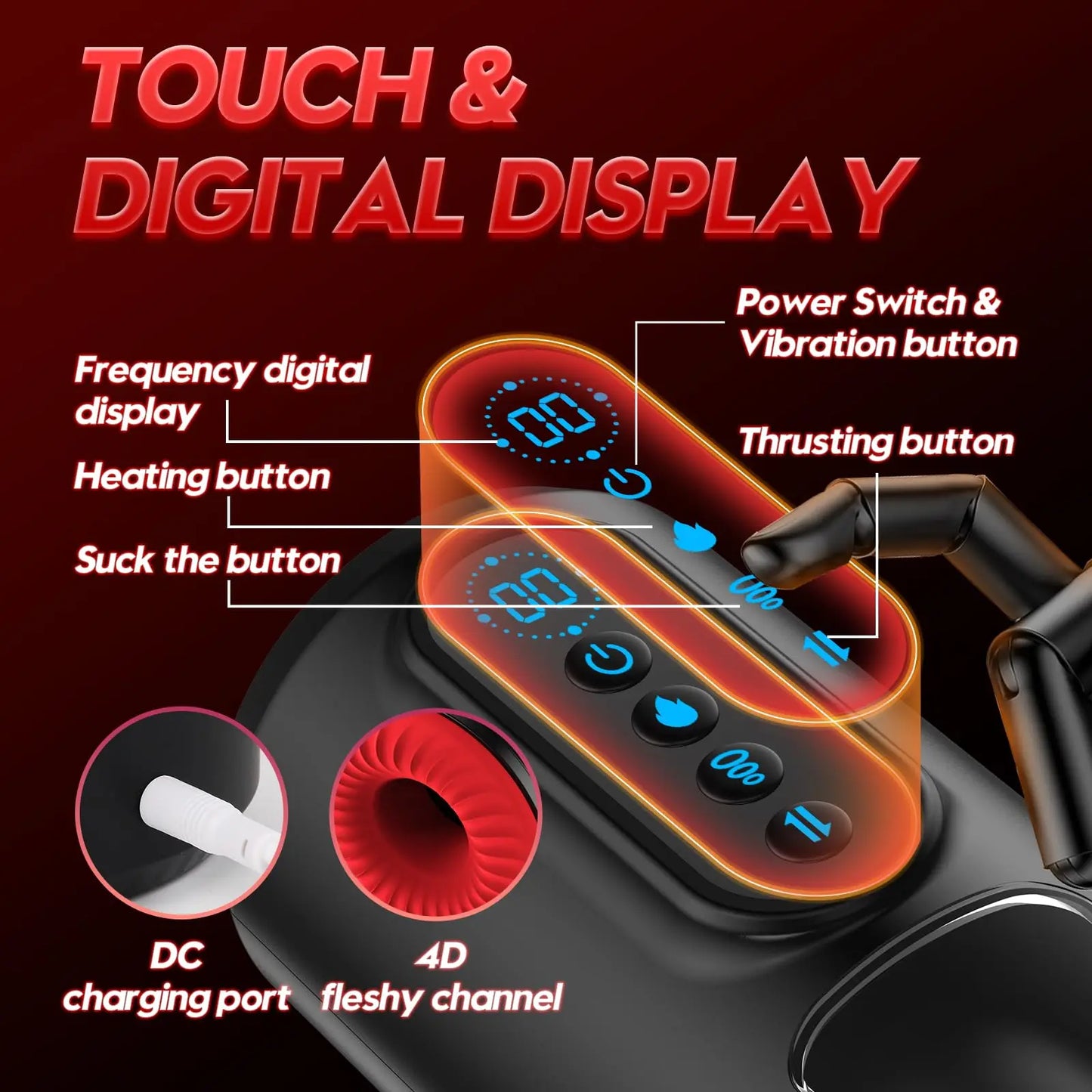 Control panel with digital display and buttons labeled on a dark background