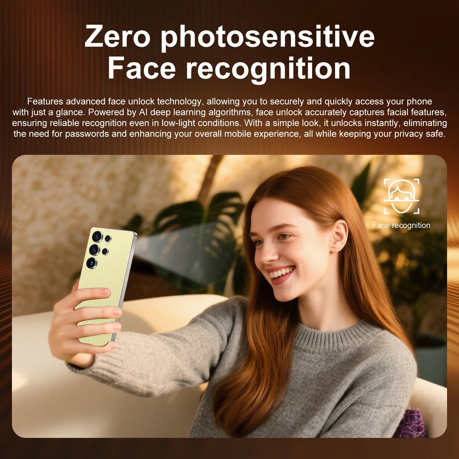 Woman using a smartphone with face recognition technology, text about zero photosensitive face recognition.