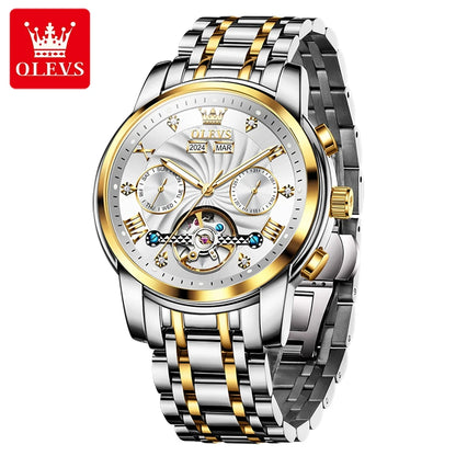 OLEVS Luxuriöse automatische mechanische Uhren für Herren, Skelett-Unruh-Kalender-Woche, Business-Herrenuhr, ausgehöhlte Herrenuhren