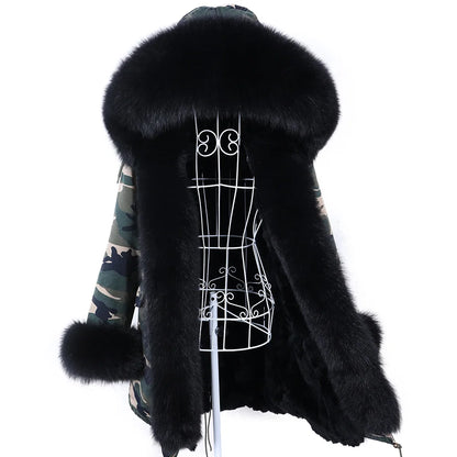 MAOMAOKONG 2023 Abnehmbarer Echtfuchs Pelzkragen Mäntel Damen Winterjacke Kapuze Kaninchenfellfutter Lange Parkas Damenbekleidung