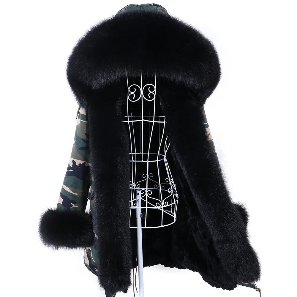 MAOMAOKONG 2023 Abnehmbarer Echtfuchs Pelzkragen Mäntel Damen Winterjacke Kapuze Kaninchenfellfutter Lange Parkas Damenbekleidung