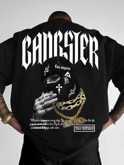 Herren Oversized Gangster Grafik T-Shirt - Streetwear Kapuzenmasken-Design mit Gangster-Schriftzug & West Coast Schriftzug