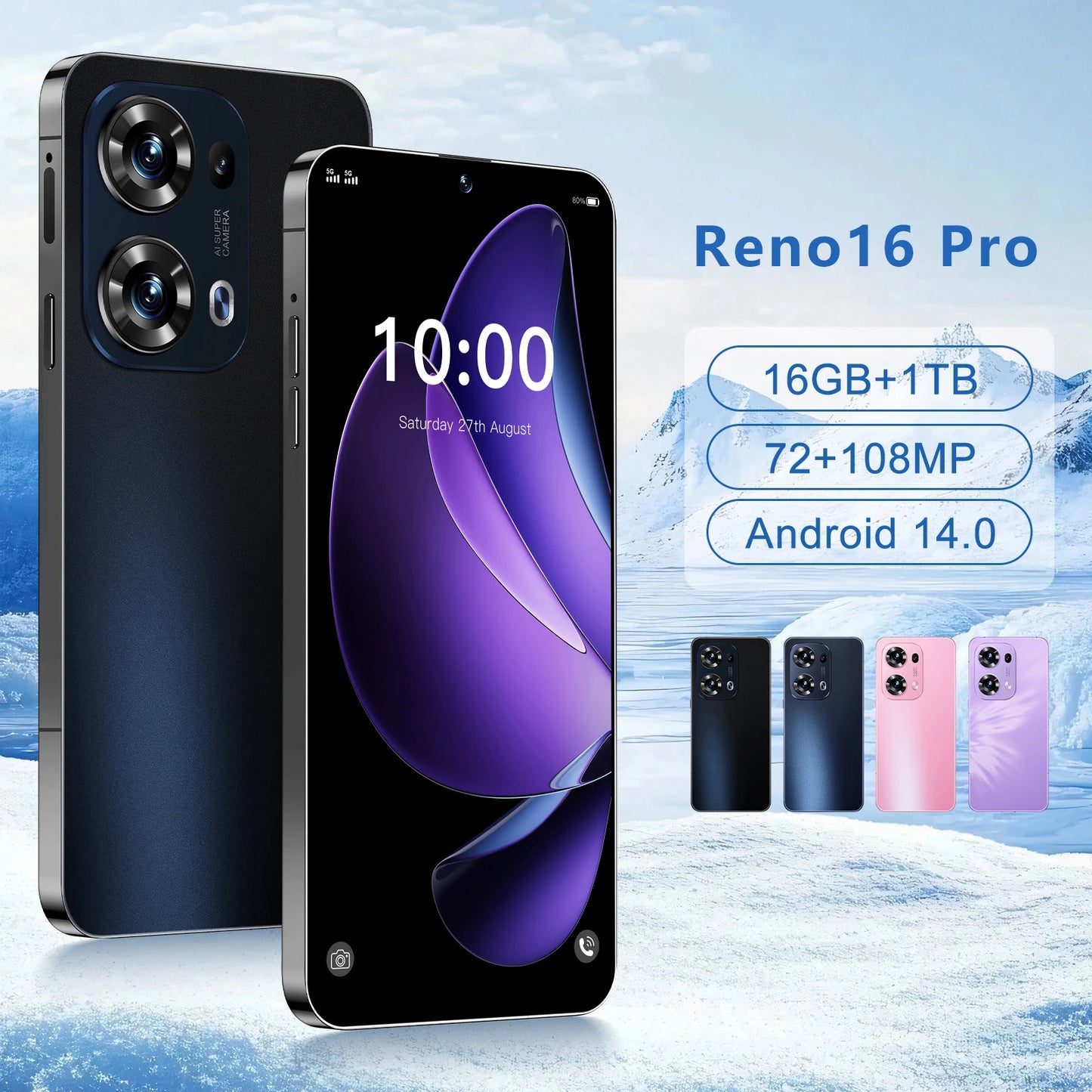 Smartphone with 'Reno16 Pro' branding on a snowy mountain background