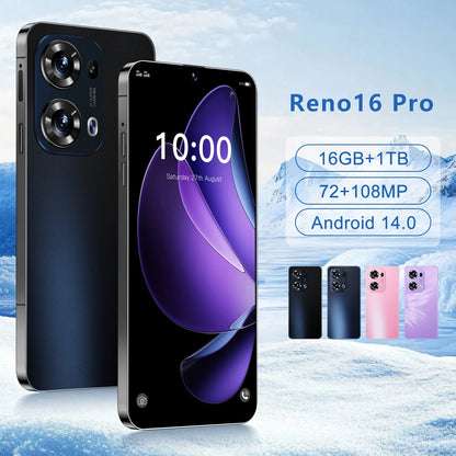 Smartphone with 'Reno16 Pro' branding on a snowy mountain background