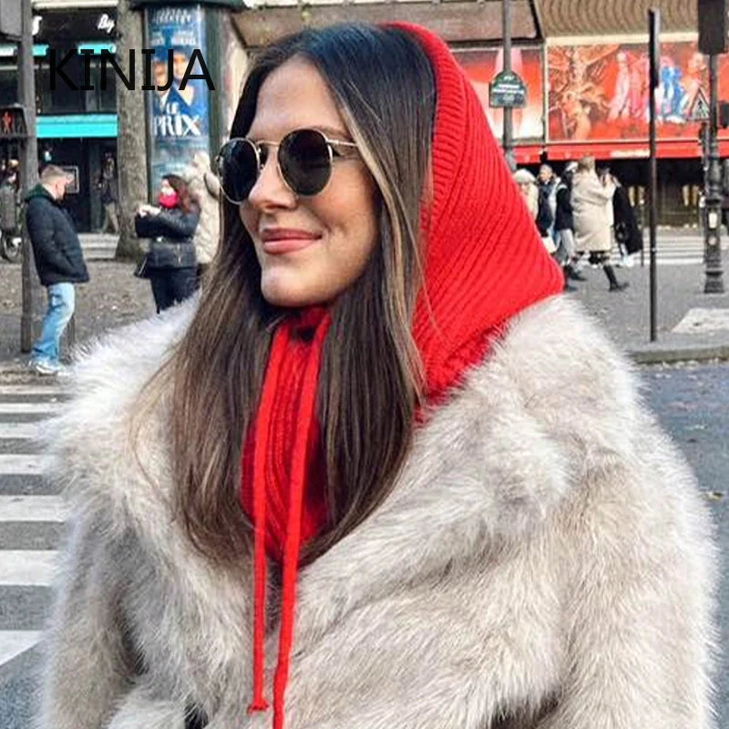 Women Knitted Balaclava Fashion Fake Collar Shawl Hooded Hat Thick Warm Beanines Winter Hat official website tool undefine
