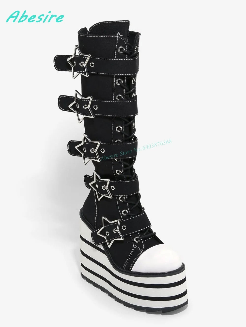Knee High Platform Boots Buckle Stripe Women