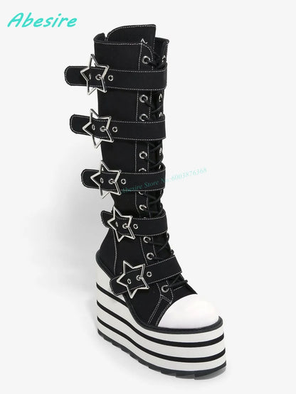 Knee High Platform Boots Buckle Stripe Women
