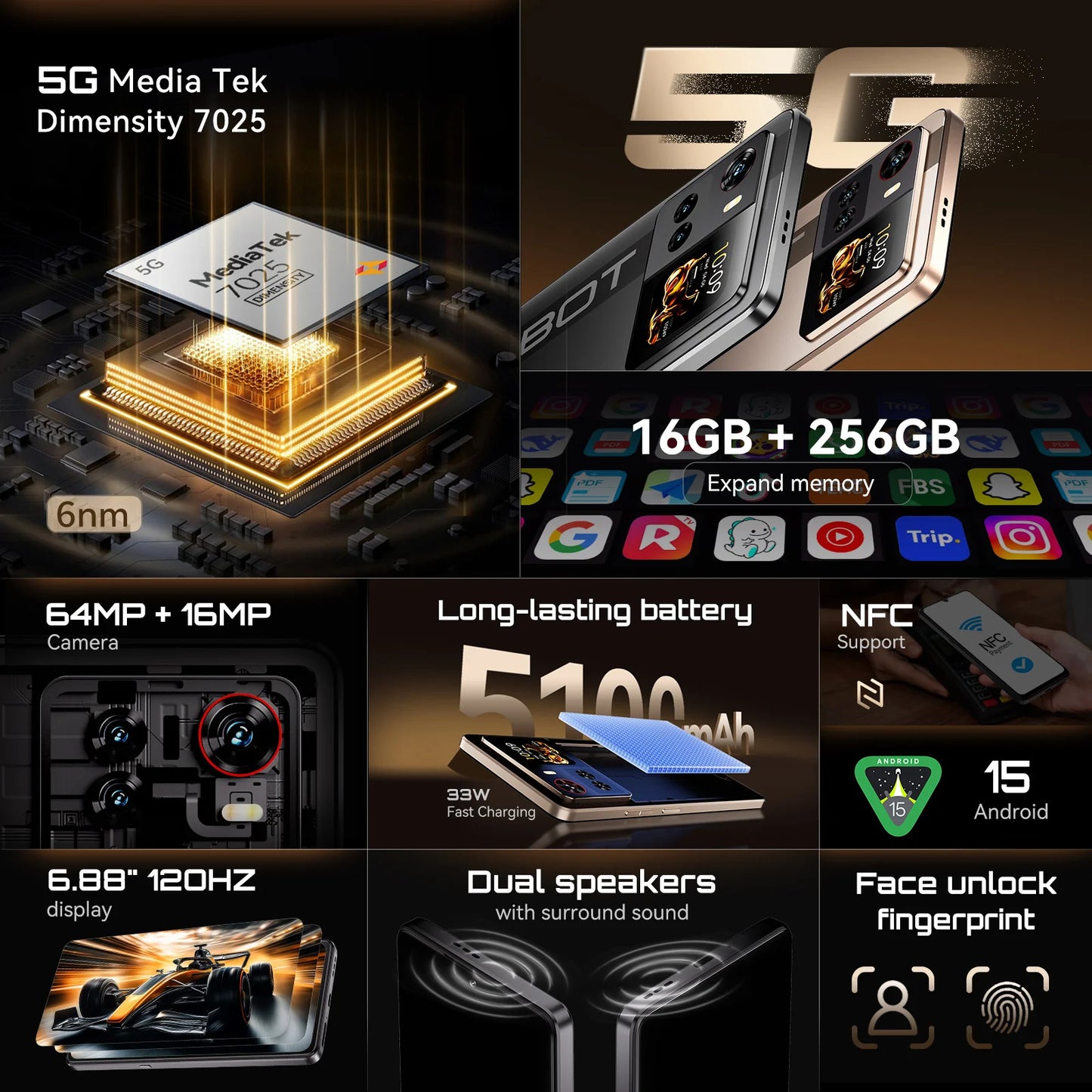 Smartphone 5G Cubot X100, Android 15, Dimensity 7025, 6nm, 2.5GHz, 6,88-Zoll-Bildschirm, 16GB (8+8), 256GB, 64MP Kamera, 5100mAh Akku