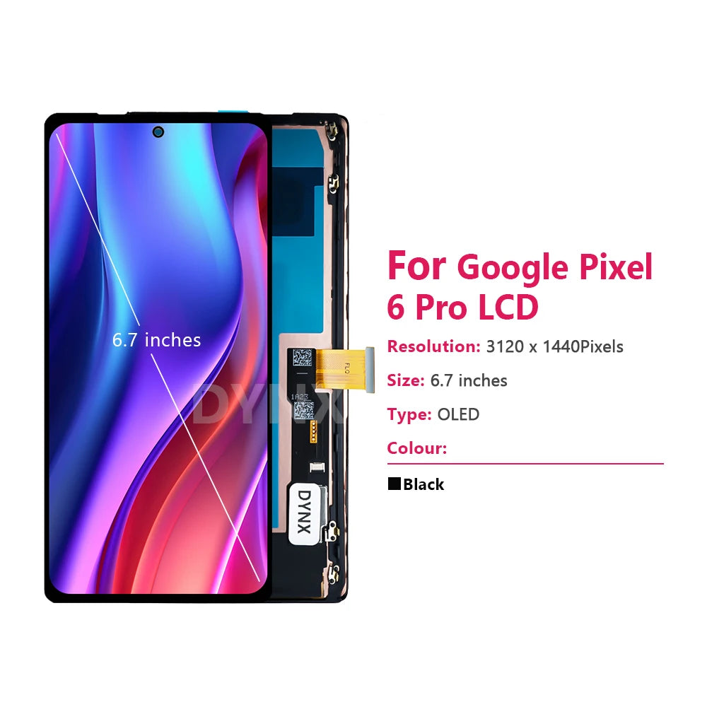 Smartphone display with specifications for Google Pixel 6 Pro LCD on a white background