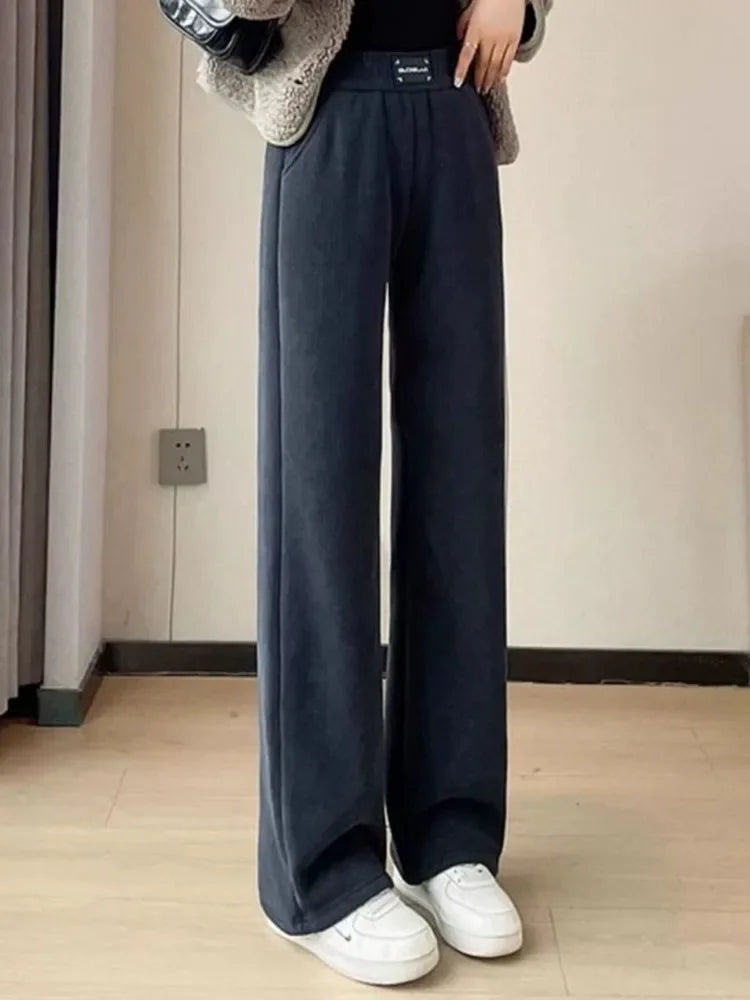 Winter Warm Thicken Lambswool Straight Pants Women Casual Elastic High Waist Fleece lined Wide Leg Pantalones Chic Baggy Calca
