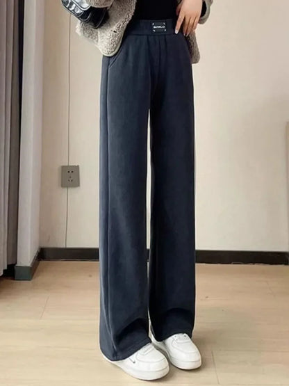 Winter Warm Thicken Lambswool Straight Pants Women Casual Elastic High Waist Fleece lined Wide Leg Pantalones Chic Baggy Calca