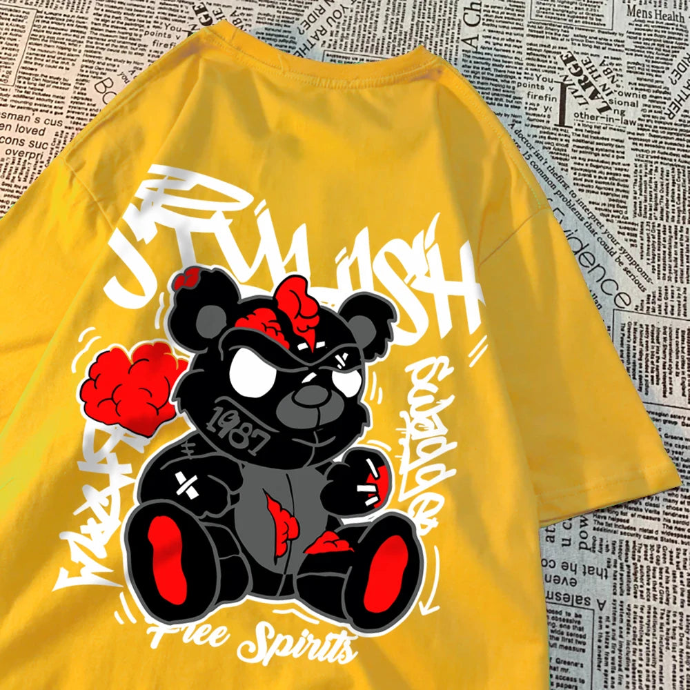 Explodierende schwarze Puppenbär-Männer-Frauen-T-Shirts Hochwertige Baumwolltops Sommer Locker T-Shirts Einfachheit Atmungsaktive Streetwear