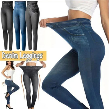 Denim leggings displayed in various colors with a model wearing them.