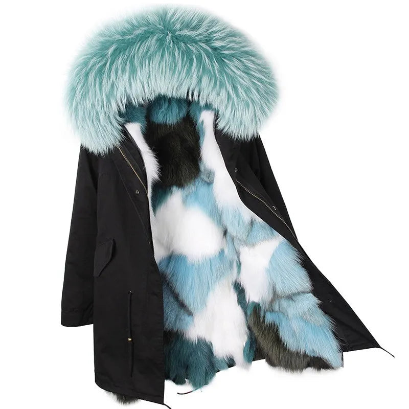 MAOMAOKONG Brand Long Winter Jacket Women Outwear Thick Parkas Natural Real Fox Fur Collar Coat Hooded Pink Female Clothing