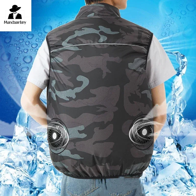 Person wearing a camouflage cooling vest with Maxbarley logo against a blue water droplet background