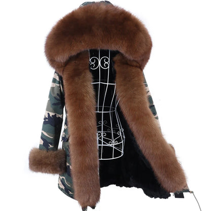 MAOMAOKONG 2023 Abnehmbarer Echtfuchs Pelzkragen Mäntel Damen Winterjacke Kapuze Kaninchenfellfutter Lange Parkas Damenbekleidung