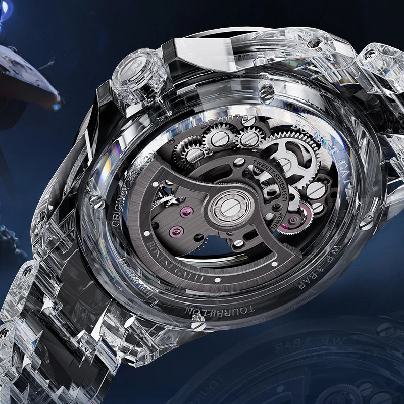 Bonest Gatti Skeleton Automatic Mechanical K9 Crystal Glass Case Rainbow Gemstone Bezel Transparent