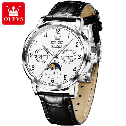 OLEVS Automatic Moon Phase Watch for Men — Leather, Waterproof, Luminous