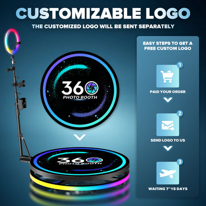 360° Fotoautomaten-Maschine Selfie-Stand Kostenlos anpassbares Logo mit RGB-Licht App-Fernbedienung für Partys und Events mit Koffer