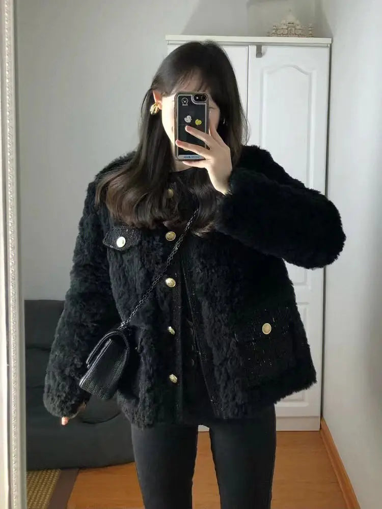 Bla Lamb Fur Jaet Women's Loose Casual ort Sle Autumn Winter New Arrival Faion Small Size Warm round Ne Coat