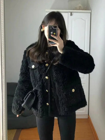 Bla Lamb Fur Jaet Women's Loose Casual ort Sle Autumn Winter New Arrival Faion Small Size Warm round Ne Coat