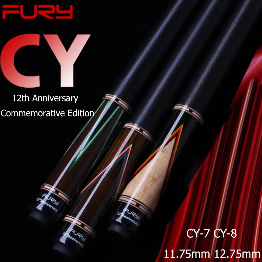 Fury CY pool cues with 12th Anniversary Commemorative Edition text on a black background