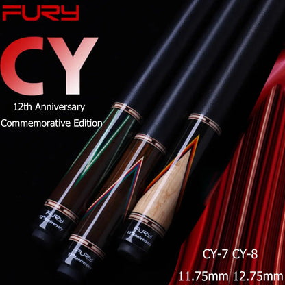Fury CY pool cues with 12th Anniversary Commemorative Edition text on a black background